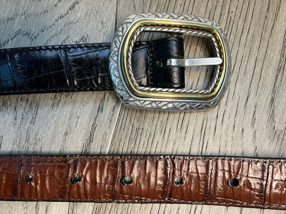 Brighton Womens Black Alligator Leather Embossed Silver Gold Casual Belt ML32
